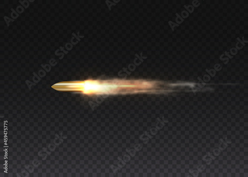 Foto Realistic flying bullet in motion, smoke traces.