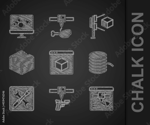 Set 3D printer, gun, setting, Filament for, Isometric cube, scanner with and software icon. Vector
