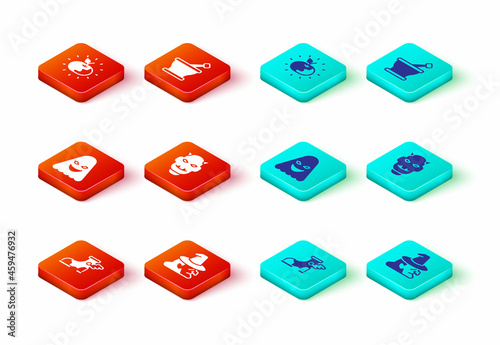 Set Hermes sandal, Witch, Ghost, Mask of the devil with horns, Mortar pestle and Poison apple icon. Vector