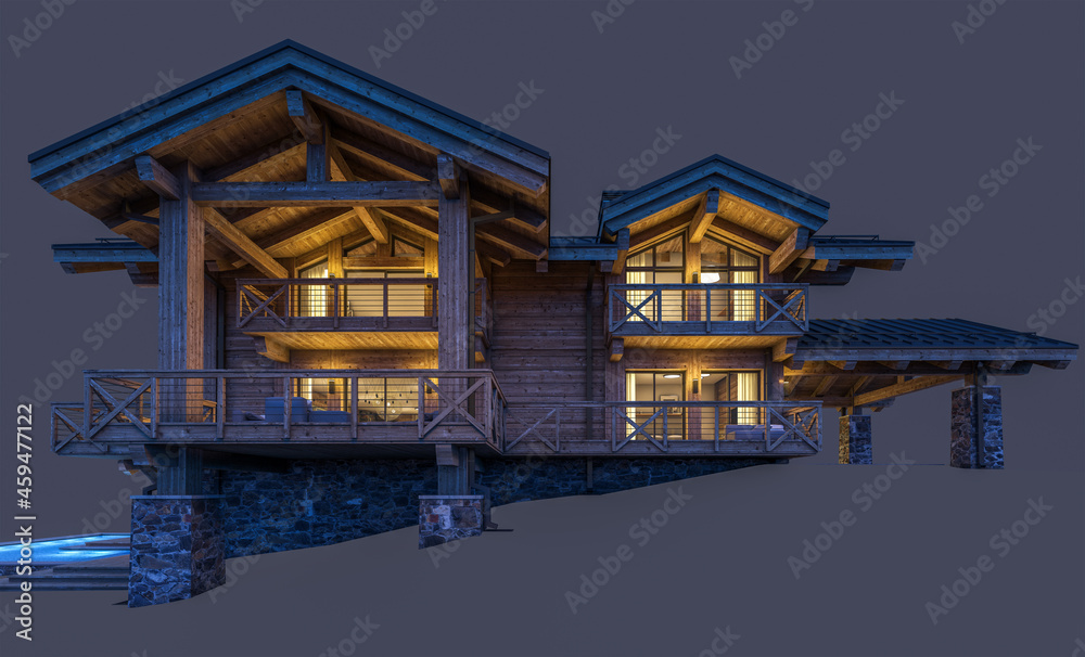 3d rendering of modern cozy chalet with pool and parking for sale or rent. Massive timber beams columns. In the night. Isolated on black 3d rendering of modern cozy chalet with pool and parking for sale or rent. Massive timber beams columns. In the night. Isolated on black