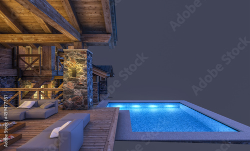 3d rendering of modern cozy chalet with pool and parking for sale or rent. Massive timber beams columns. In the night. Isolated on black © korisbo