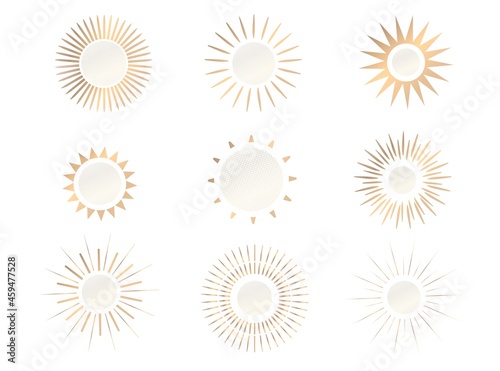 Sunrise or sunset icon in golden color in boho style. Linear, simple logo design, sun line art. Sunset vector logo design.Vector illustration.
