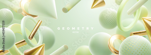 3d pastel mint green geometric shapes cluster. Abstract elegant composition