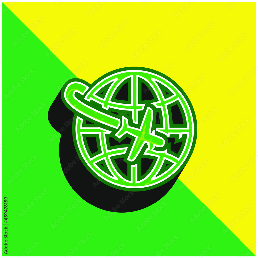 Airplane Flight Around The Planet Green and yellow modern 3d vector icon logo Airplane Flight Around The Planet Green and yellow modern 3d vector icon logo