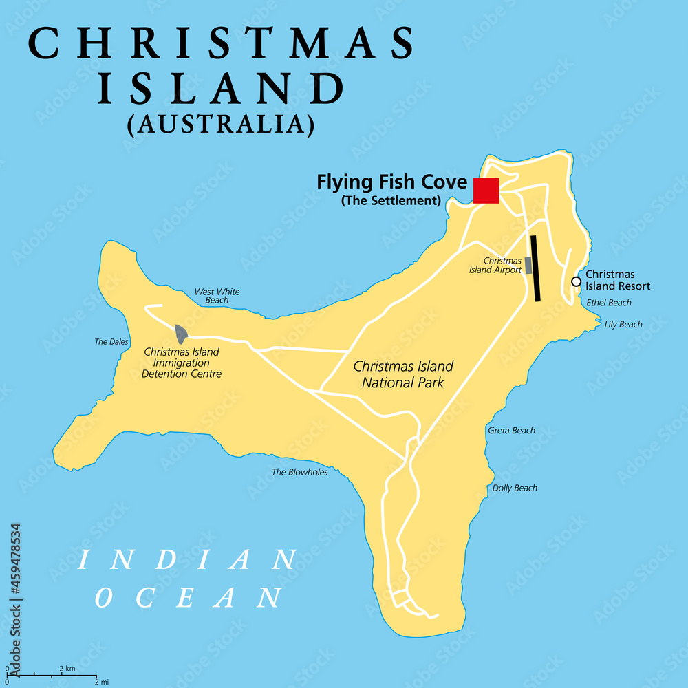 Christmas Island, Australia, political map, with main settlement Flying