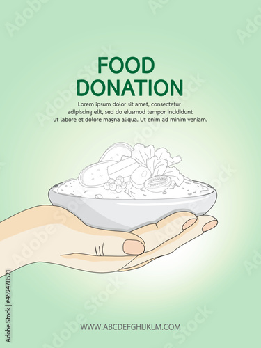 Food sharing charity concept. People donate food giving homeless and immigrant people with humanitarian aid. Idea of waste reduction and help giving out food directly to the hungry.