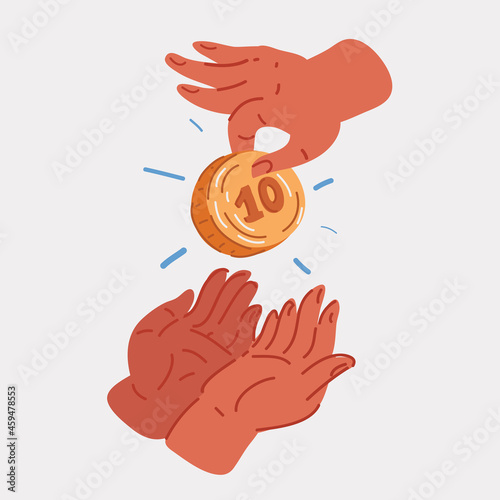 Vector illustration of hands with coin alms giving, charity