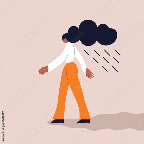 Depressed black skin female character with a cloud and rain over her head. The concept of depression, self-isolation, loneliness, bad mood and mental disorders. Vector illustration. Eps 10.