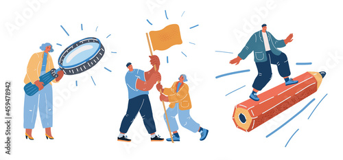 Vector illustration of woman with magnifying glass, searching concept, achieving the goal, man fly on big pensil, creativity