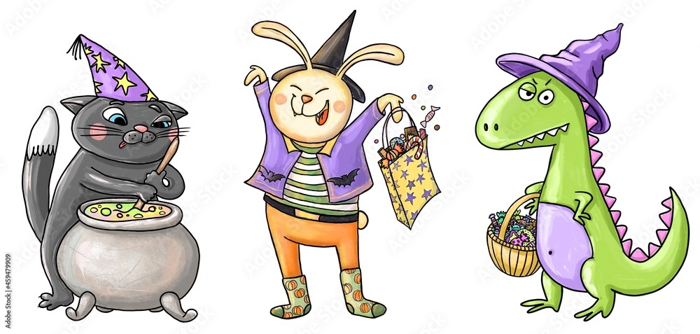 Set of three funny cartoon characters. Animals in a Halloween costumes. A cat boiling a potion in a silver cauldron. A bunny magician with a bag full of candies. A dinosaur in a wizard hat and basket.