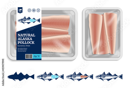 Vector Alaska pollock packaging illustration with flat style seafood label and fish fillet. Alaska pollock fish illustrations and food tray mockup