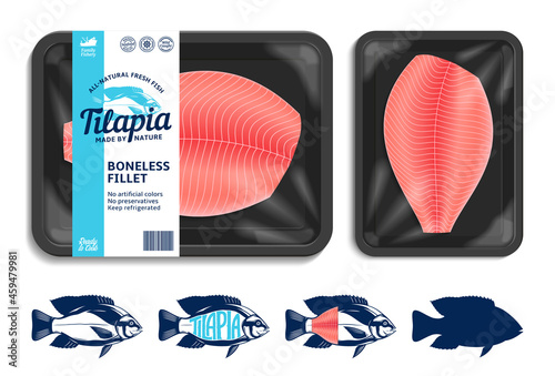 Vector tilapia packaging illustration with flat style seafood label and fish fillet. Tilapia fish illustrations and food tray mockup