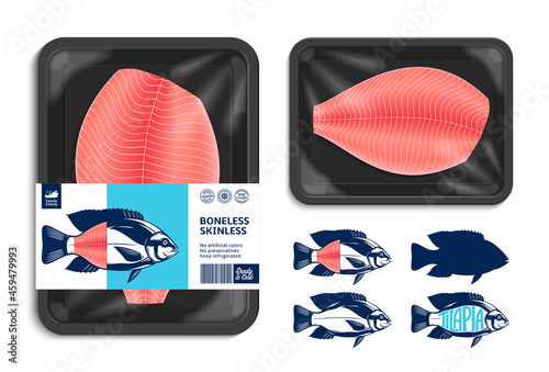 Vector tilapia packaging design. Flat style seafood label. Tilapia fish illustrations. Black food tray mockup