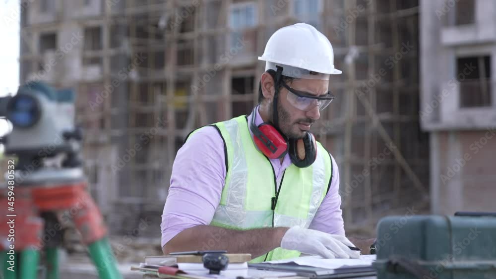 Indian Civil Engineer survey on construction site and working on blueprints.Asian male architect matching details with site plans and blue prints while working on construction site outdoor. Indian Civil Engineer survey on construction site and working on blueprints.Asian male architect matching details with site plans and blue prints while working on construction site outdoor.