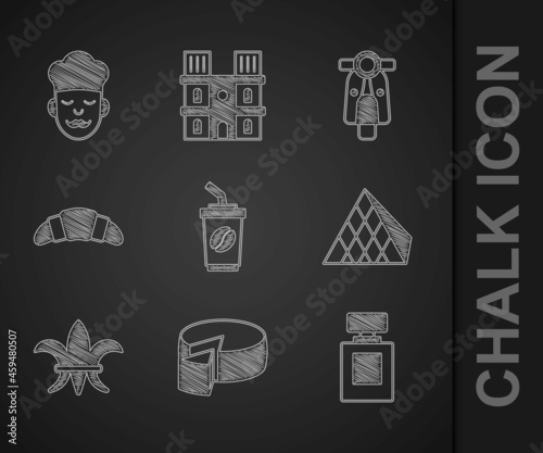 Set Coffee cup to go, Cheese, Perfume, Louvre glass pyramid, Fleur De Lys, Croissant, Scooter and Cook icon. Vector
