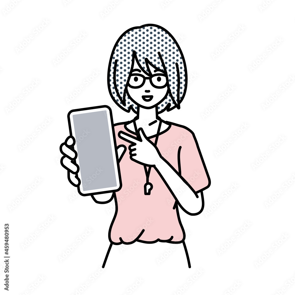 立ってスマートフォンを指差してこちらに向けて見せている教師の女性