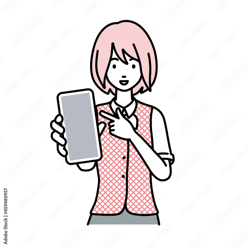 立ってスマートフォンを指差してこちらに向けて見せている事務員制服の女性 立ってスマートフォンを指差してこちらに向けて見せている事務員制服の女性