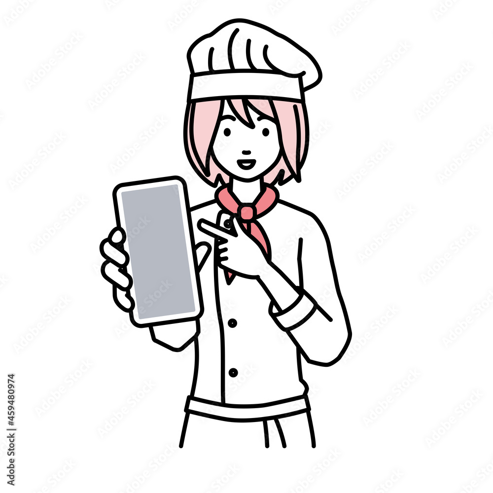 立ってスマートフォンを指差してこちらに向けて見せている調理師の女性