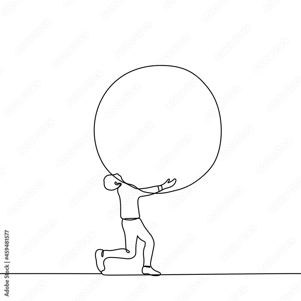 man carries a huge ball - one line drawing vector. the concept of overwhelming burden, torment, hard work man carries a huge ball - one line drawing vector. the concept of overwhelming burden, torment, hard work