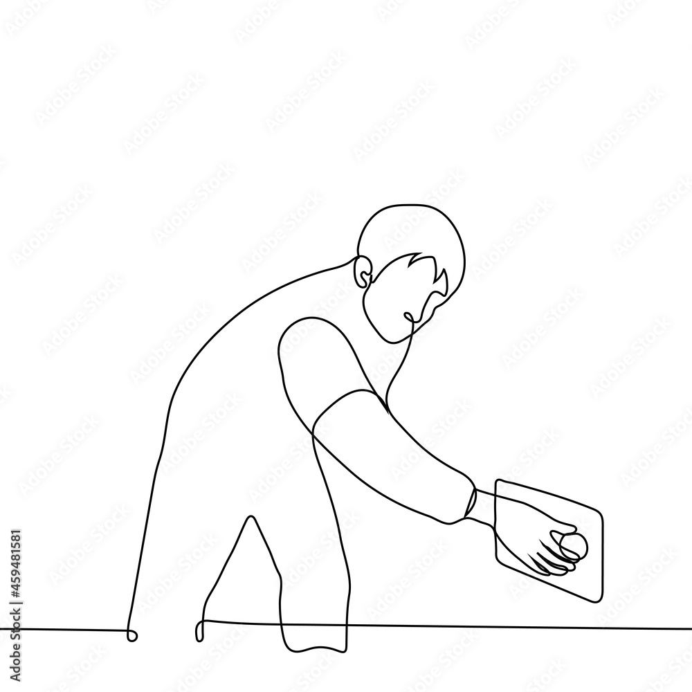 Obraz premium man throws a ball into a square hole - one line drawing vector. concept man throws out trash