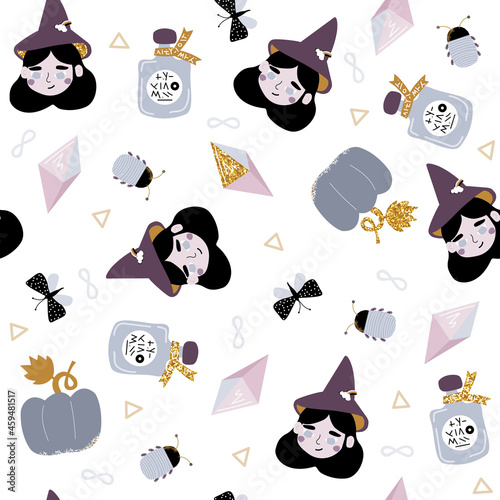 Funny seamless pattern with witch and magic objects. Halloween print. Vector hand drawn illustration.