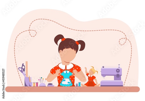 Sewing. Girl seamstress. Creative craft concept for work and hobby. A type of manual labor. Textile. Flat cartoon style. Vector.