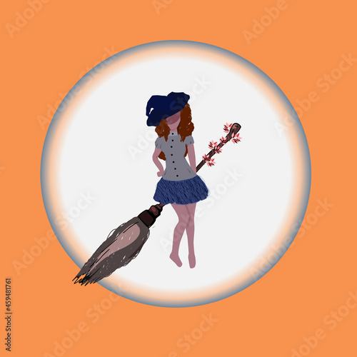 Witch silhouette on broom with full moon on background. Autumn season. Halloween illustration. Girl in magic hat on broom. Cartoon character.