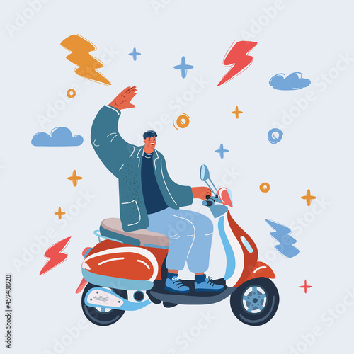 Vector illustration of happy man who rides a scooter