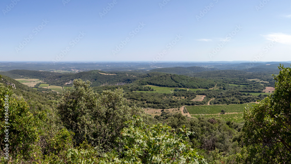 Rural landscape view on the valley of Pic Saint-Loup mountain in Languedoc-Roussillon, France