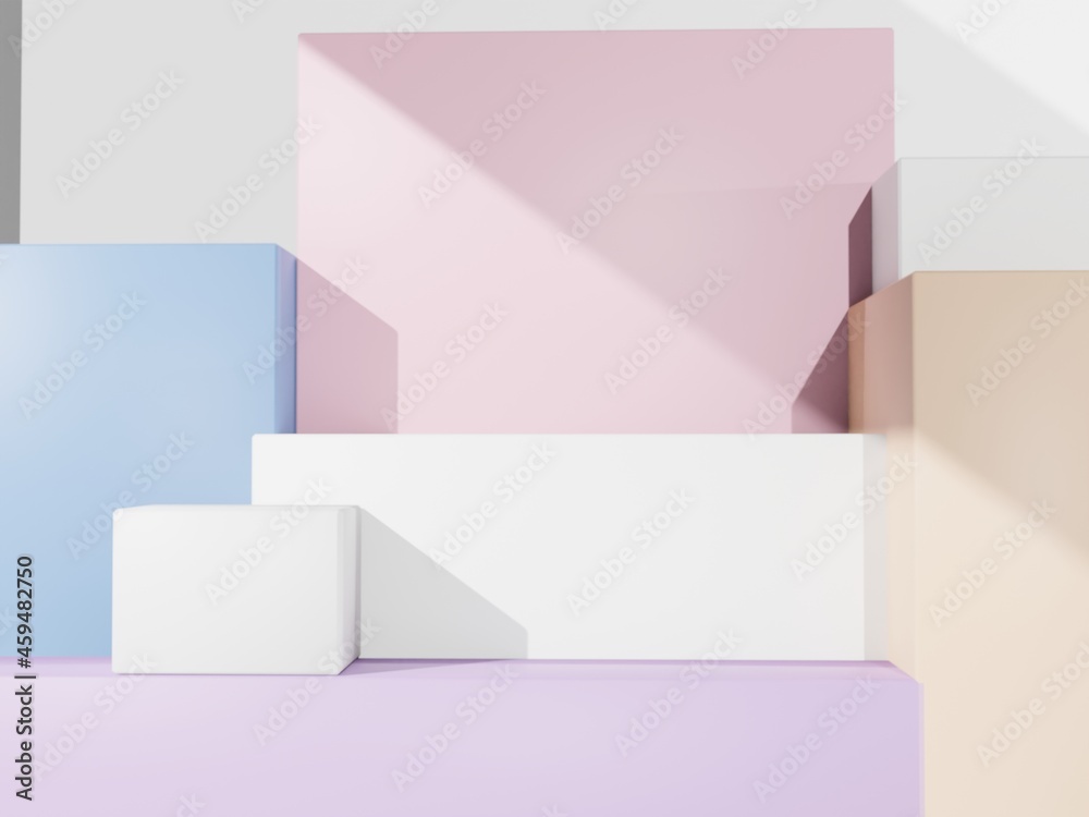 3D Rendering Multi Pastel Colors Minimal Geometric Product Display Background with Platform for Beauty, Cosmetics and Skincare Products.	
