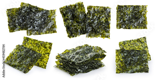 Crispy nori seaweed korean snack isolated on white background. Collection with clipping path. photo
