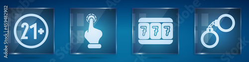 Set 21 plus, Hand holding casino chips, Slot machine with lucky sevens and Handcuffs. Square glass panels. Vector