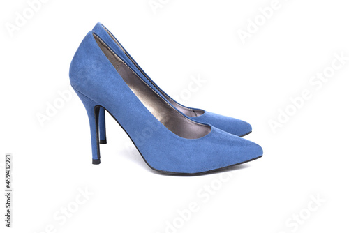 Blue suede female shoes on isolate white background