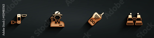 Set Swiss army knife, Hunter, Walkie talkie and Binoculars icon with long shadow. Vector