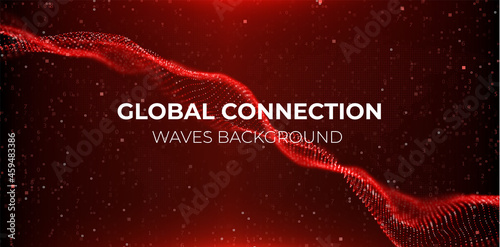 Abstract red particle background. Flow wave with dot landscape. Digital data structure. Future mesh or sound grid. Pattern point visualization. Technology vector illustration.