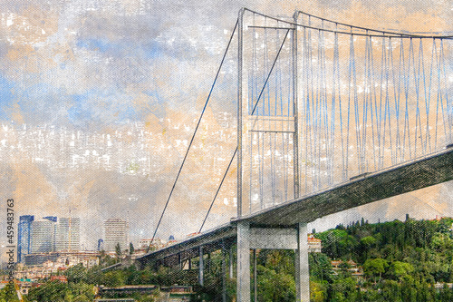 Bridge over the Bosphorus. View from the deck of a ship sailing under it. Digital watercolor painting.