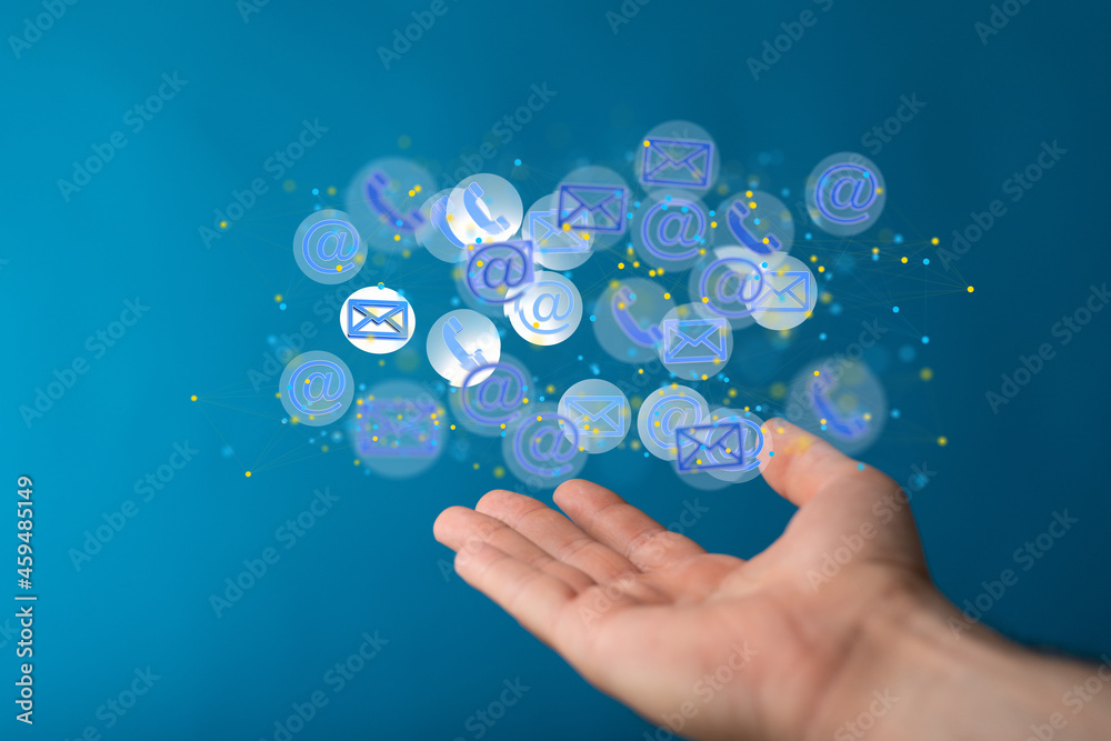 touching 3D rendering flying email icon with his fin touching 3D rendering flying email icon with his fin