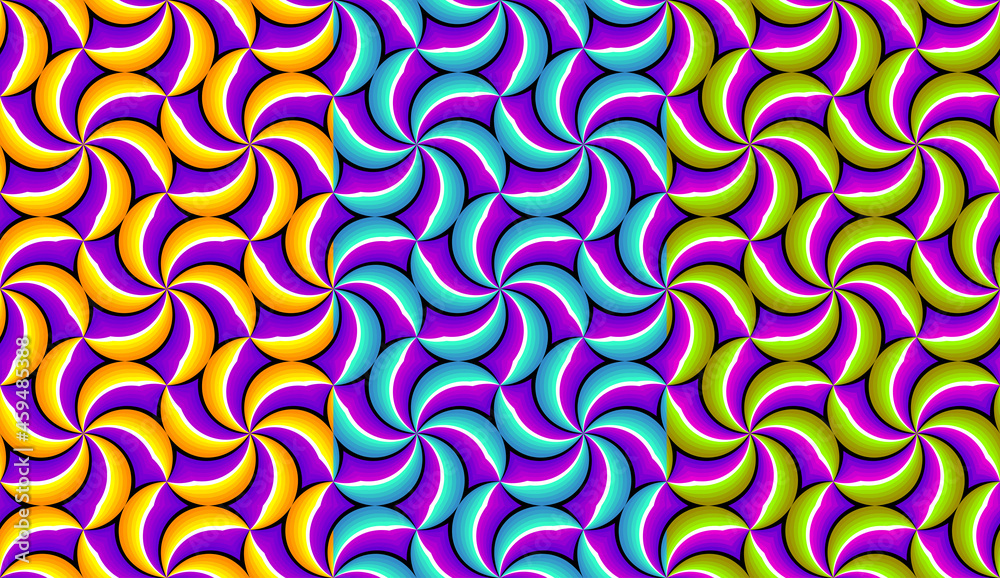 Set of colorful wrapping paper. Spin illusion. Seamless pattern.