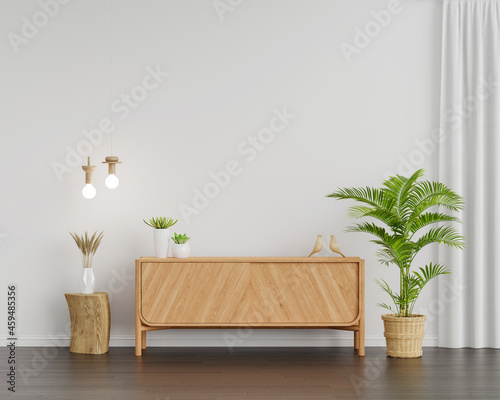 Wood sideboard in living room with copy space, 3D rendering