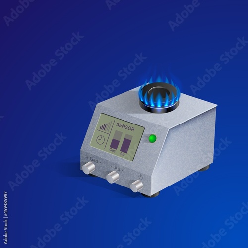 Laboratory devices. Chemistry. Laboratory burner. Vector illustration of a realistic laboratory gas burner located on a blue background. Background for a presentation on chemistry.