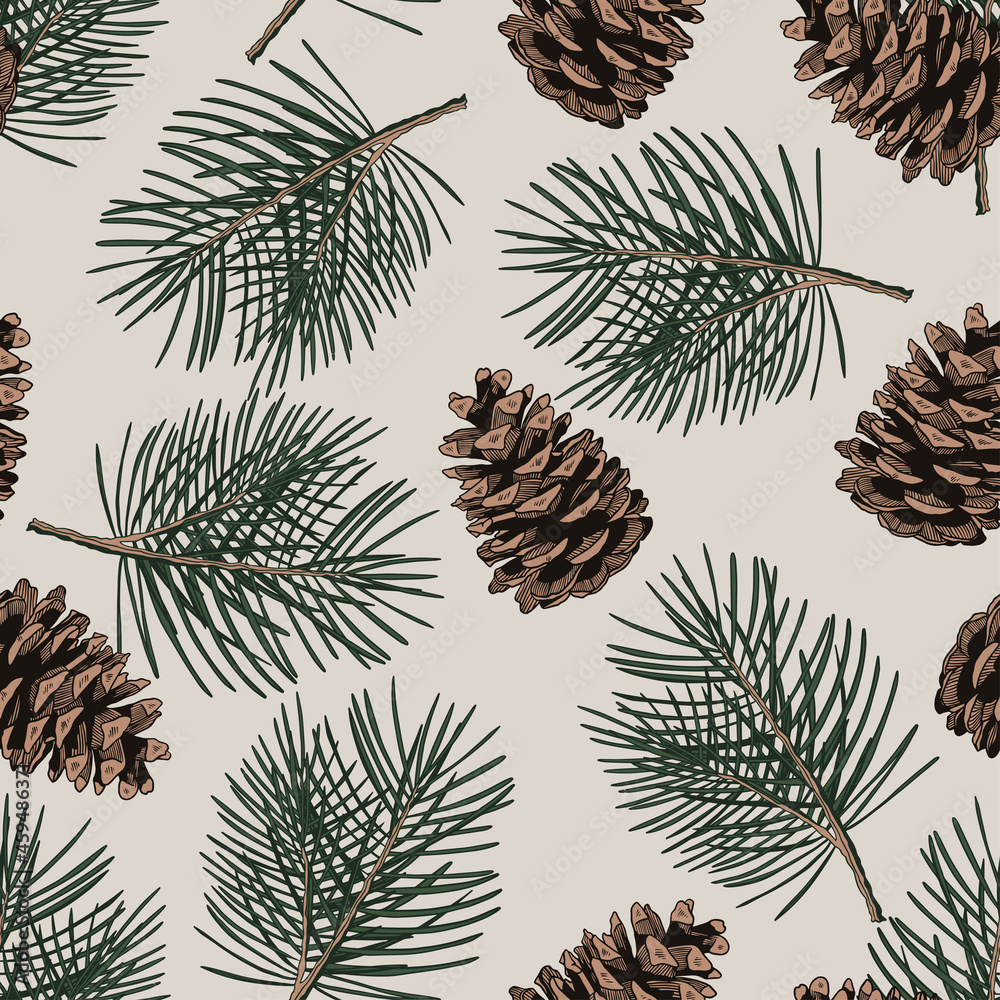 Naklejka premium Seamless pattern with pine tree branches and cones. Hand drawn vector illustration