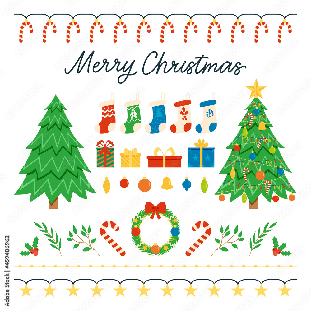 Vector Merry Christmas set - christmas tree, balls, wreath, garlands, christmas stockings. Flat style elements isolated on white background Vector Merry Christmas set - christmas tree, balls, wreath, garlands, christmas stockings. Flat style elements isolated on white background