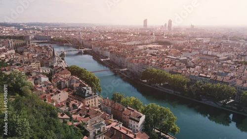 Lyon at sunrise, France aerial view in summer morning