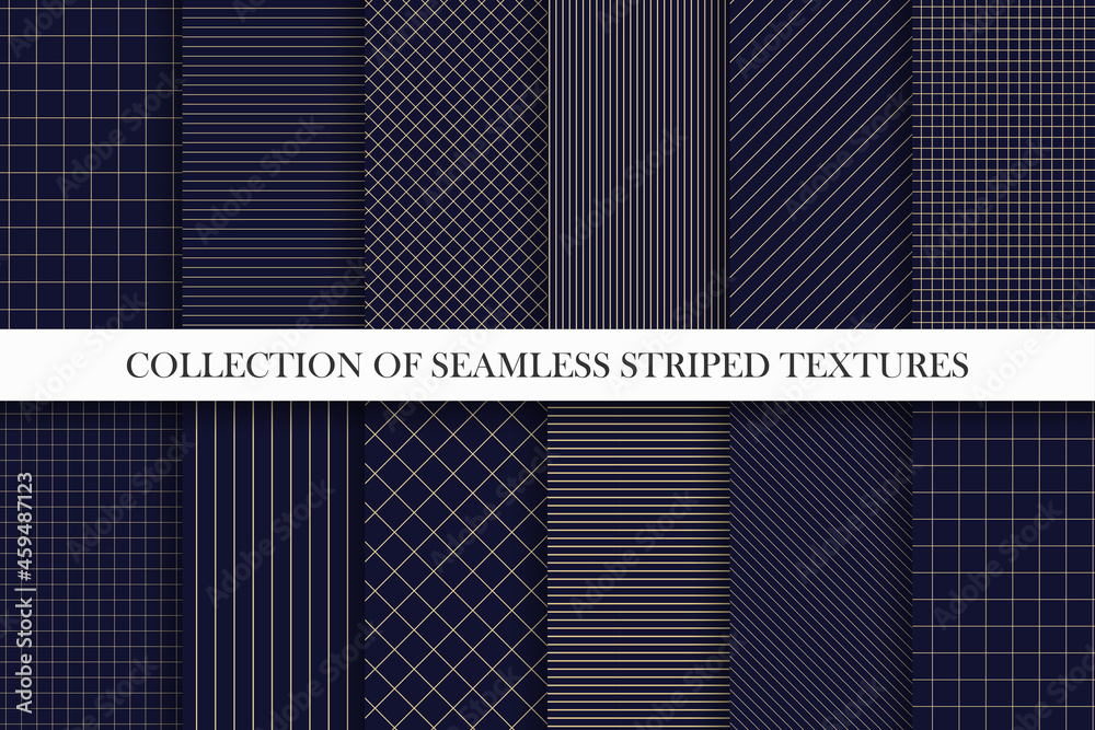 Collection of vector seamless geometric patterns. Dark grid striped backgrounds. Endless unusual linear textures - obrazy, fototapety, plakaty 