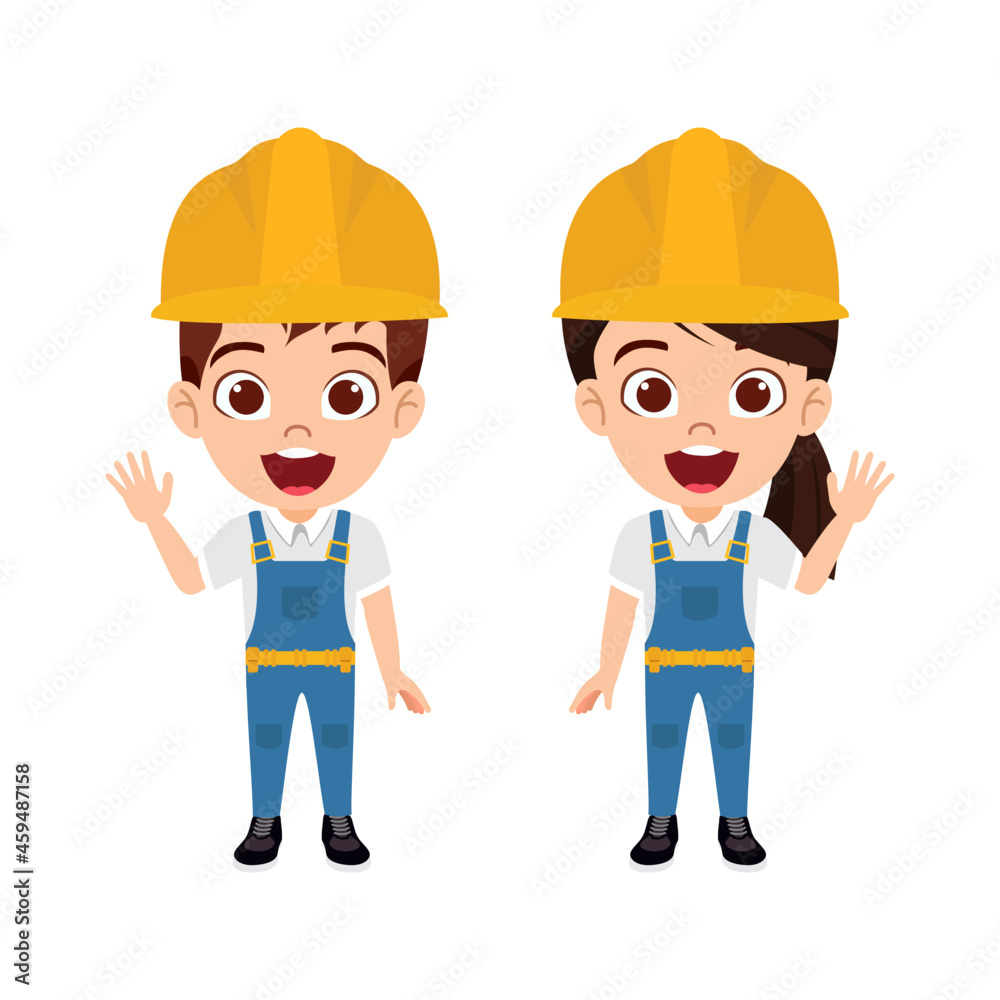 Happy cute kid construction worker boy and girl character standing and waving Happy cute kid construction worker boy and girl character standing and waving