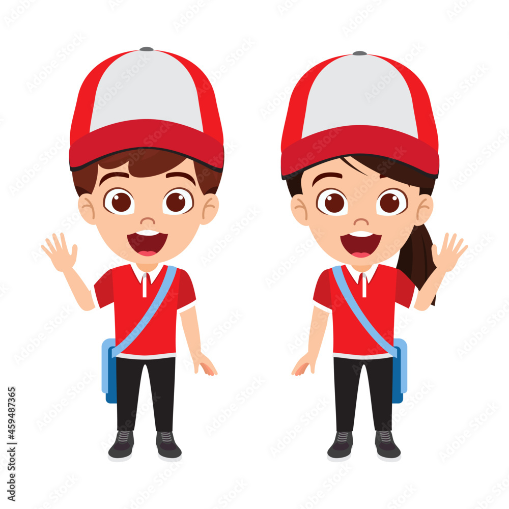 Happy cute kid delivery boy and girl character standing and waving Happy cute kid delivery boy and girl character standing and waving