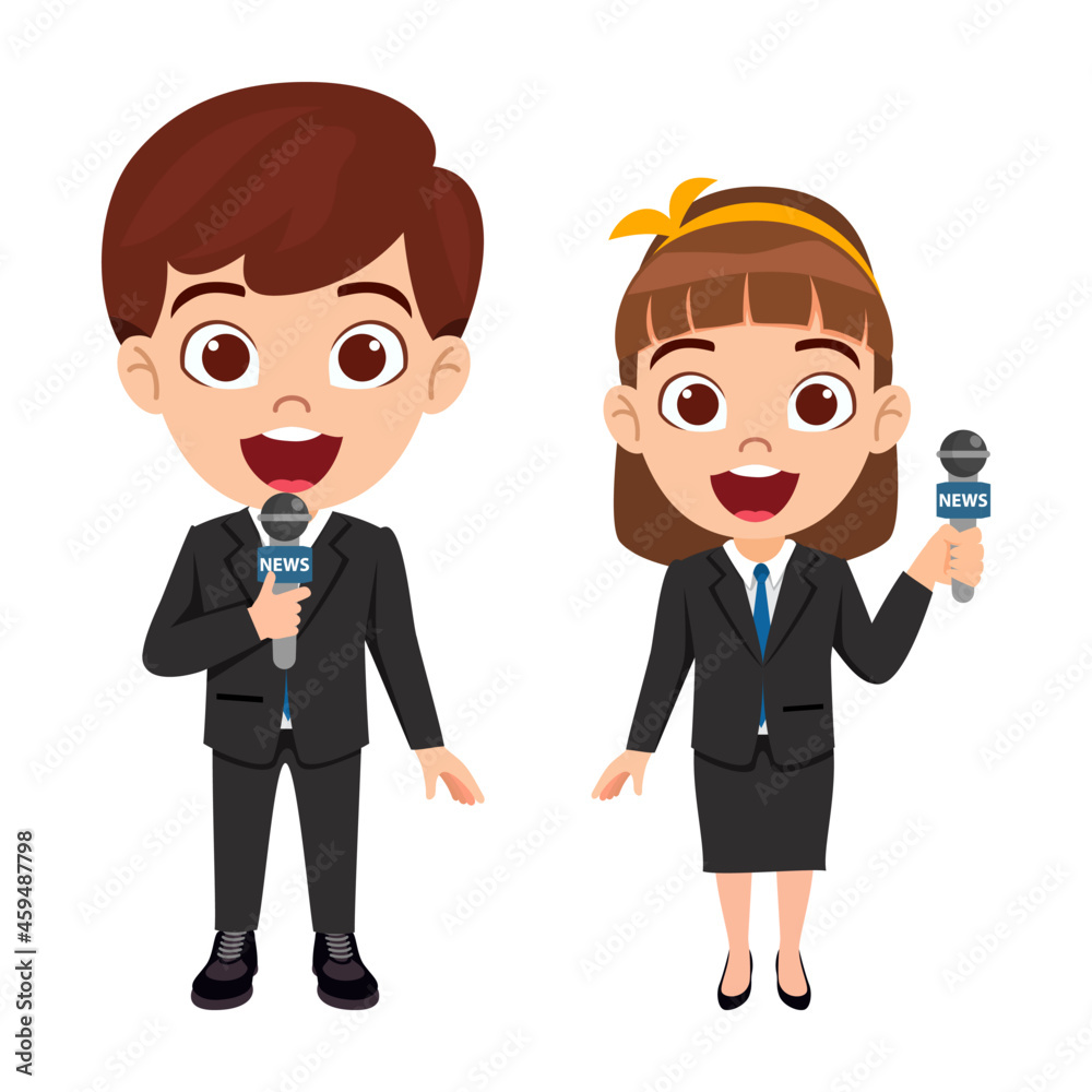Happy cute kid reporter boy and girl character standing and posing Happy cute kid reporter boy and girl character standing and posing