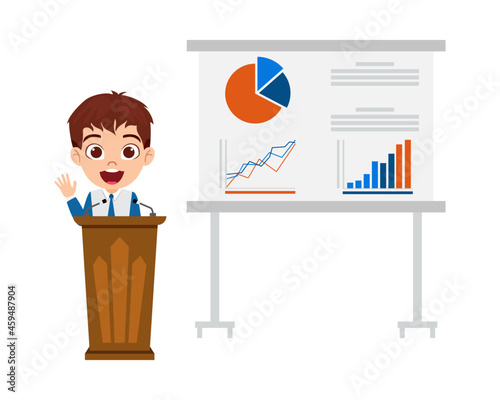 Cute businessman character standing with presentation board sales graph