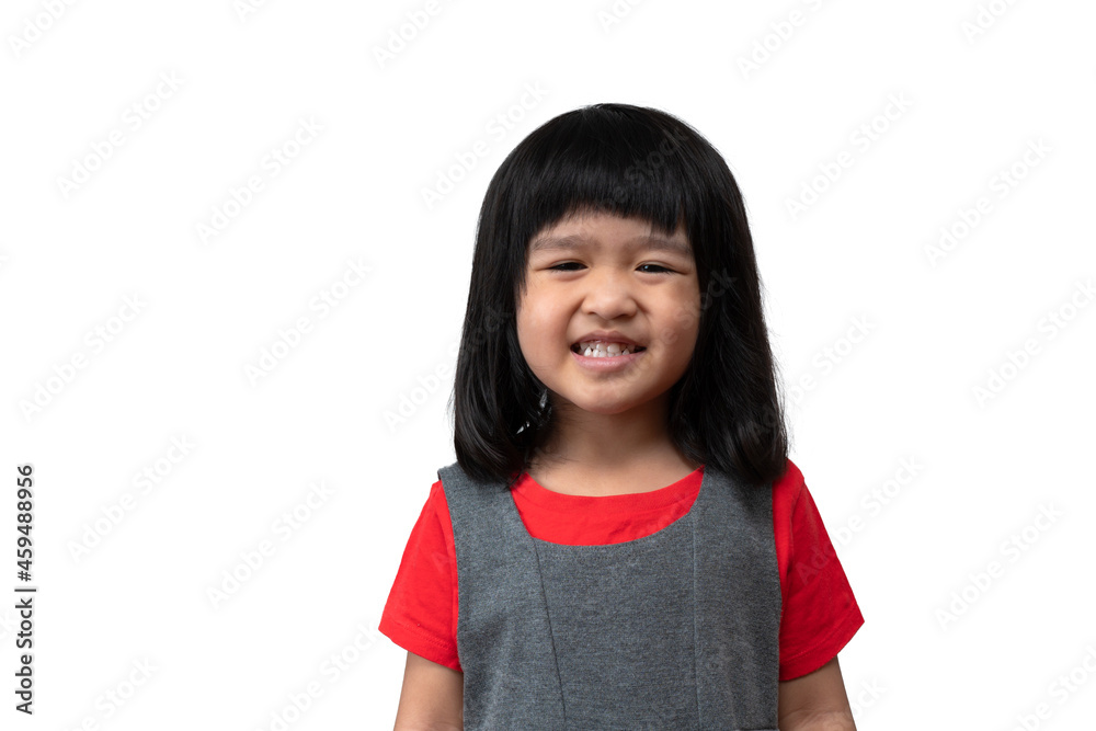 Portrait of happy and funny Asian child girl on white background, a child looking at camera hand gesture. Preschool kid dreaming fill with energy feeling healthy and good concept Portrait of happy and funny Asian child girl on white background, a child looking at camera hand gesture. Preschool kid dreaming fill with energy feeling healthy and good concept