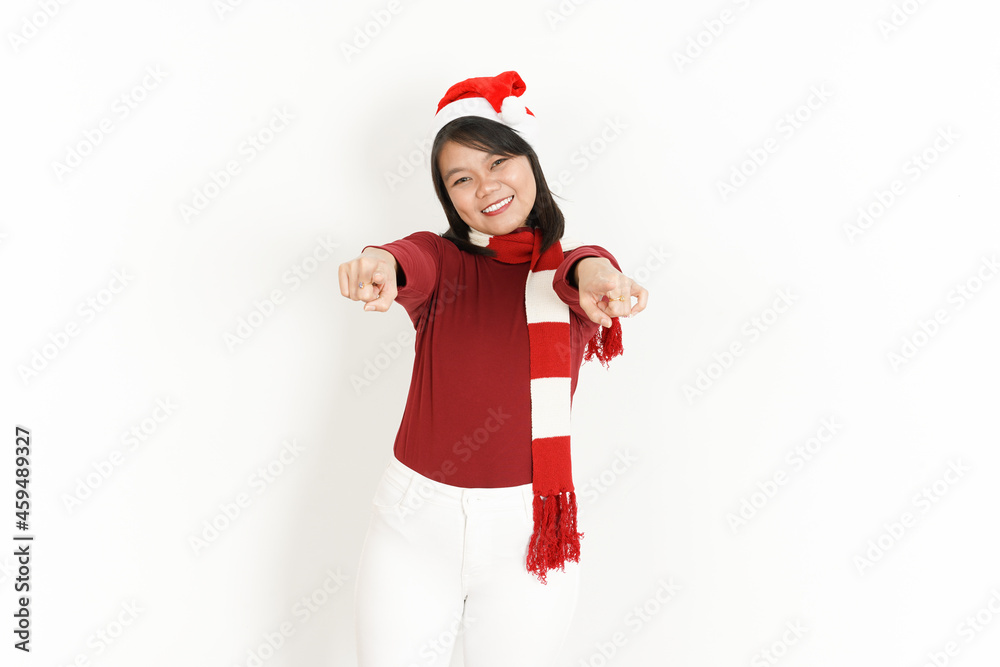 Smile And Pointing At You of Beautiful Asian Woman Wearing Red Turtleneck and Santa Hat Isolated On White Background Smile And Pointing At You of Beautiful Asian Woman Wearing Red Turtleneck and Santa Hat Isolated On White Background